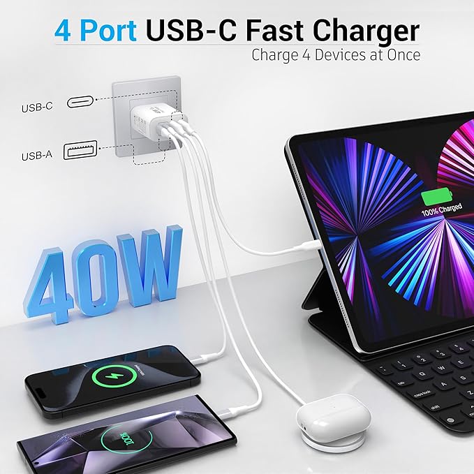 USB C Charger Block, 40W 4 Ports USB-C Wall Charger Plug Fast Charging - Image 3