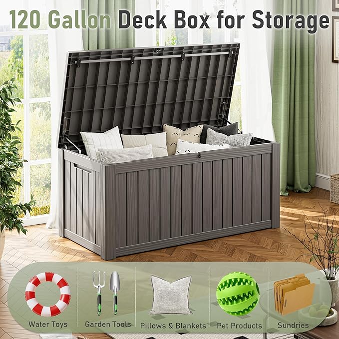 Outdoor Storage Box, 120 Gallon Deck Box, Resin Waterproof Outside Storage Bench - Image 4