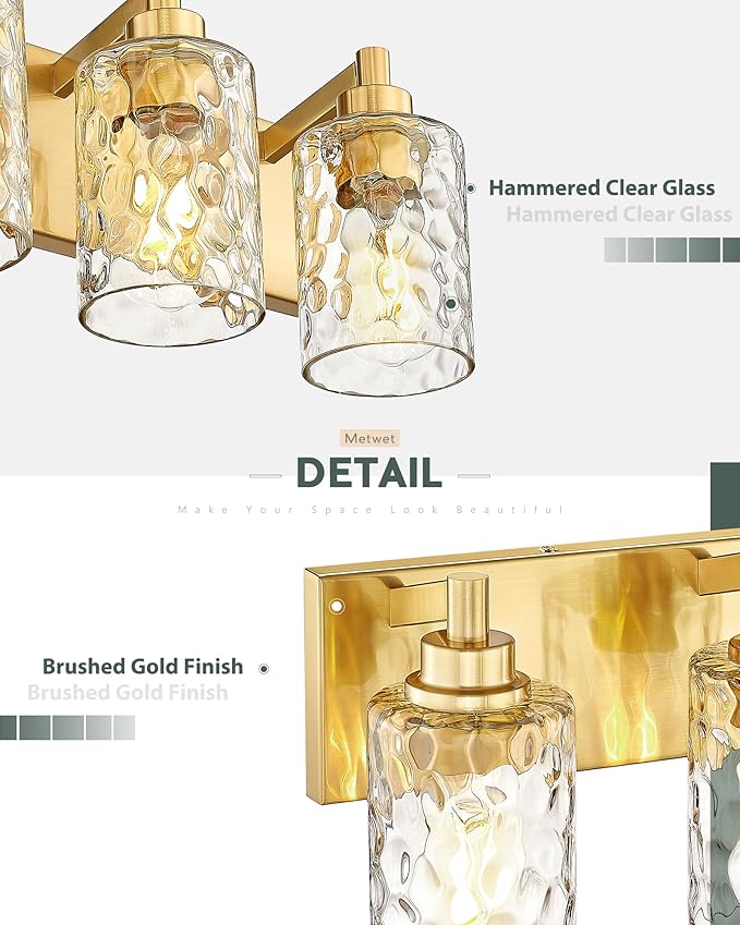 METWET 4-Light Bathroom Light Fixtures, 24.5 Inch Brushed Gold Vanity Lights - Image 3