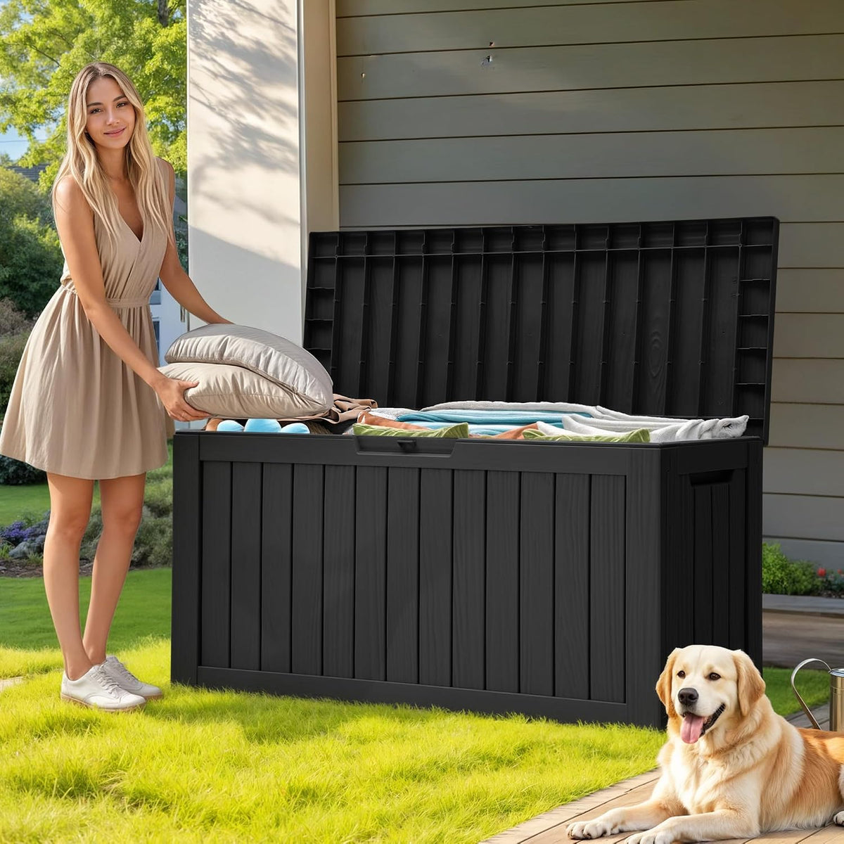 dwvo 270l outdoor resin deck box with wheels on a desk or shelf