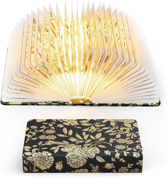 Book Lover Gift, Folding Book Lamp Decor, Portable Print Book Light | 1200mAh Rechargeable Night Light, Paper Desk Lamp, Reading Bookshelf Lamp, Gift for Women & Readers & Christmas (Black）