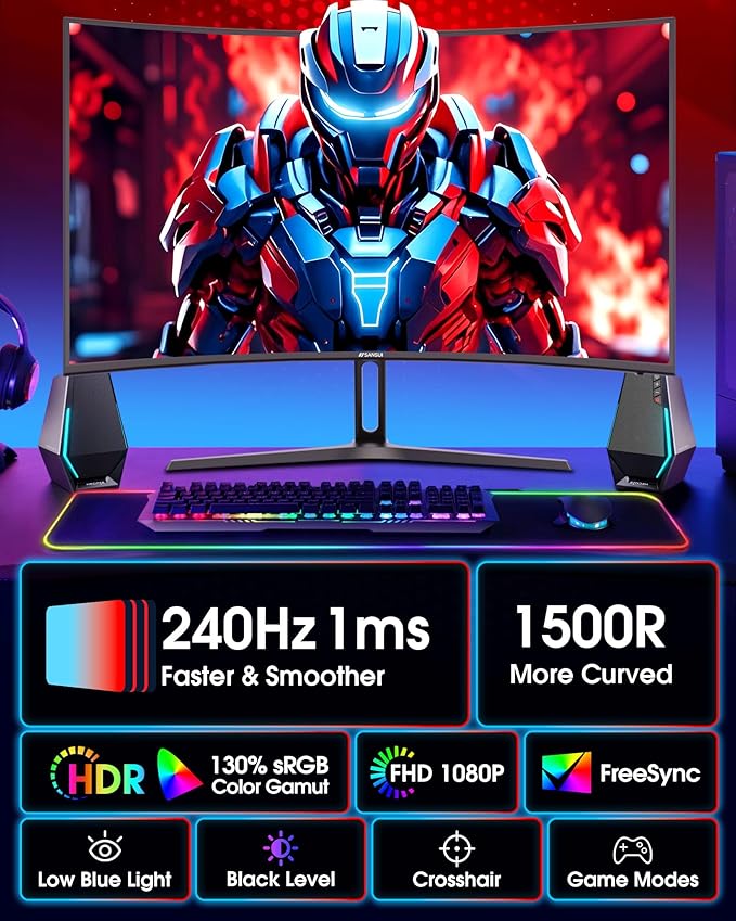 SANSUI 27 Inch Curved 240Hz Gaming Monitor FHD 1080P, 1500R Curve Computer - Image 2