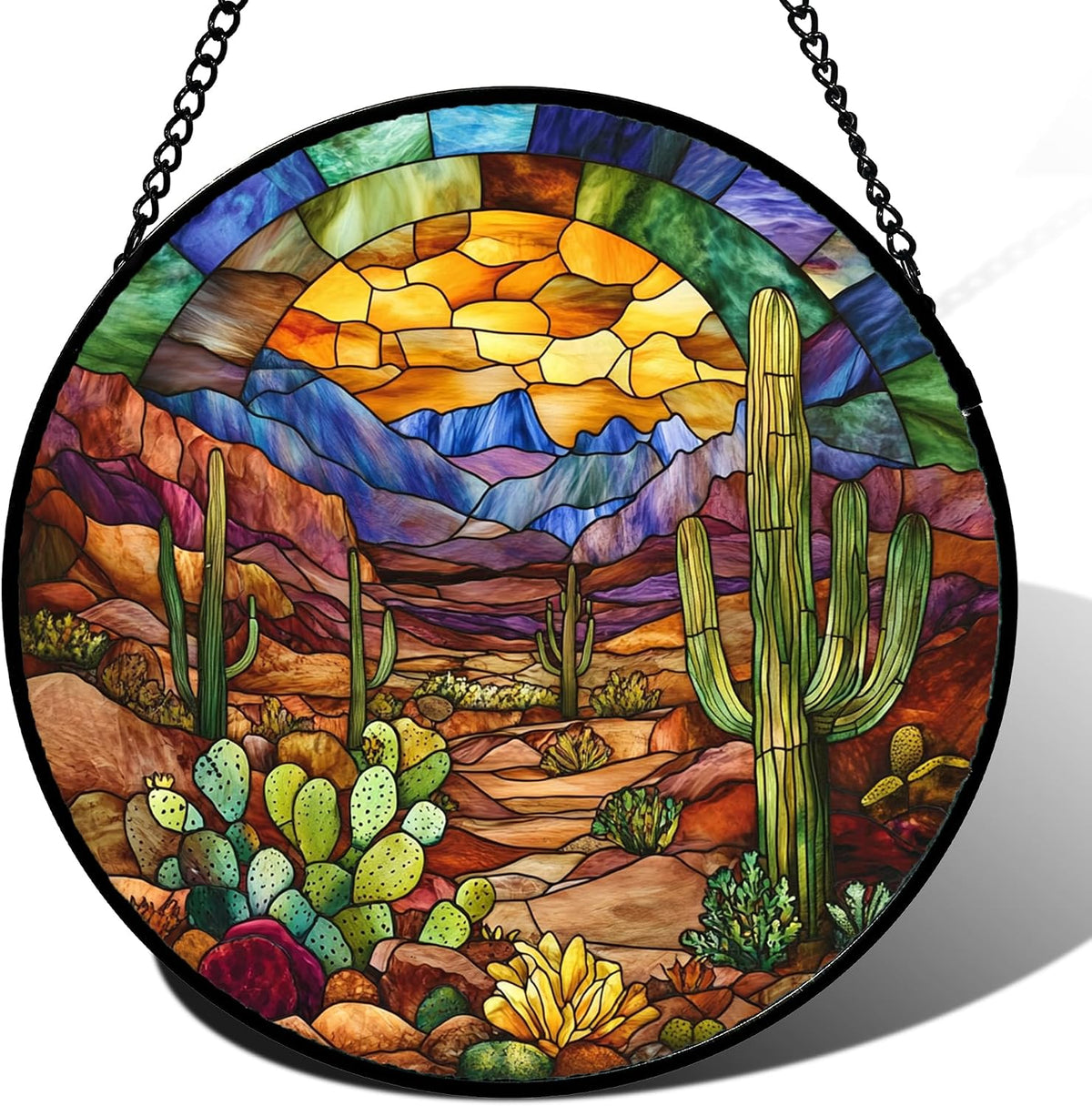 CRISGIF Stained Glass Window Hanging Cactus Mountains Landscape Large 15"