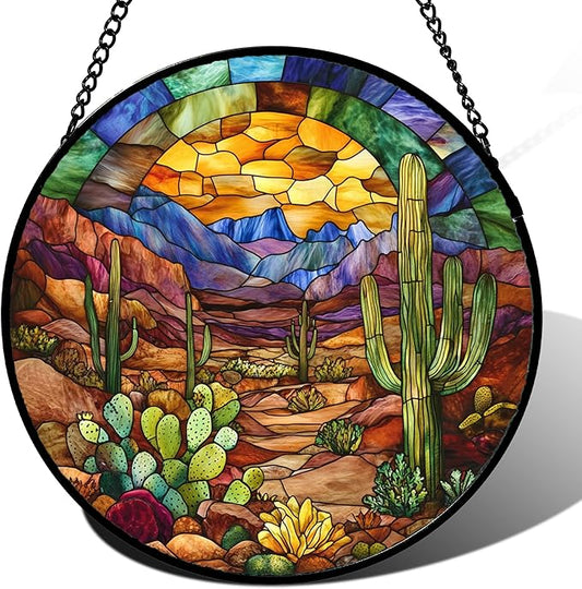 CRISGIF Stained Glass Window Hanging Cactus Mountains Landscape 7.8" by Follow