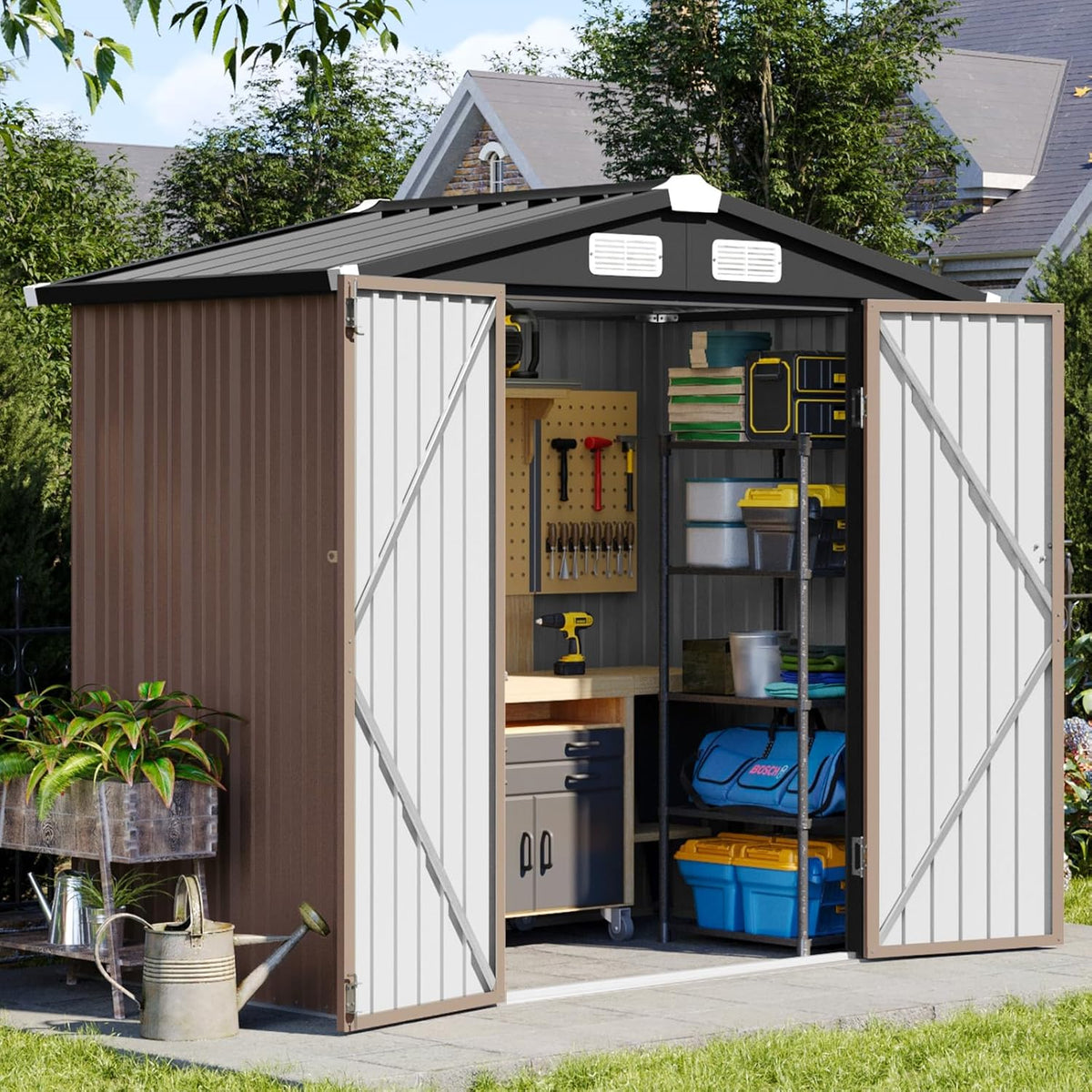 aoxun 6x4 ft metal outdoor steel shed brown, main product view