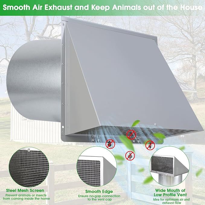 10 Inch Hooded Wall Vent with Screen and Damper, Outdoor Wall Exhaust Vent - Image 3