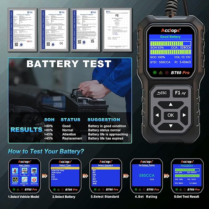 Acclope BT60 Pro Car Battery Tester, Digital Analyzer - Image 4