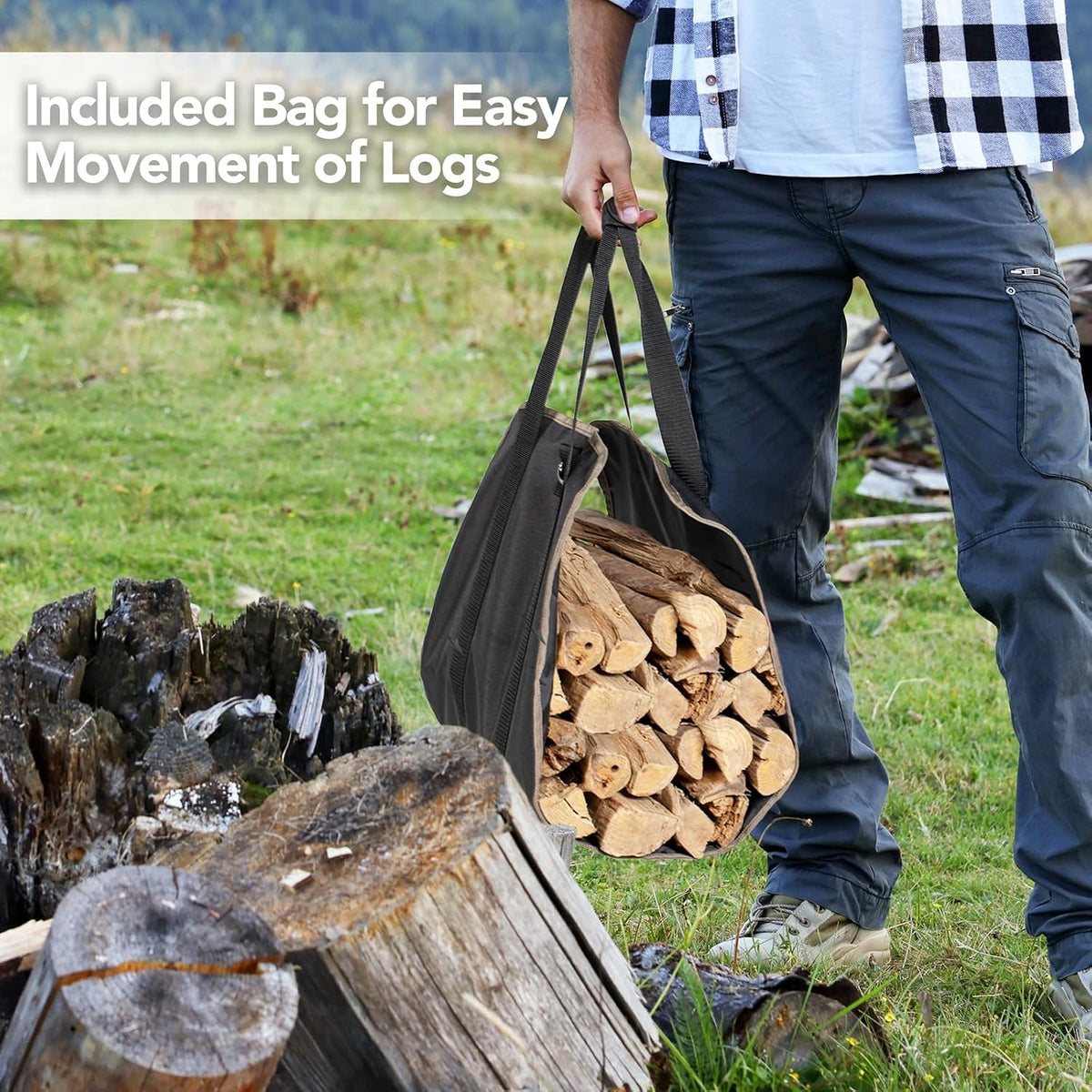 30” outdoor firewood rack with carrier bag & showing dimensions