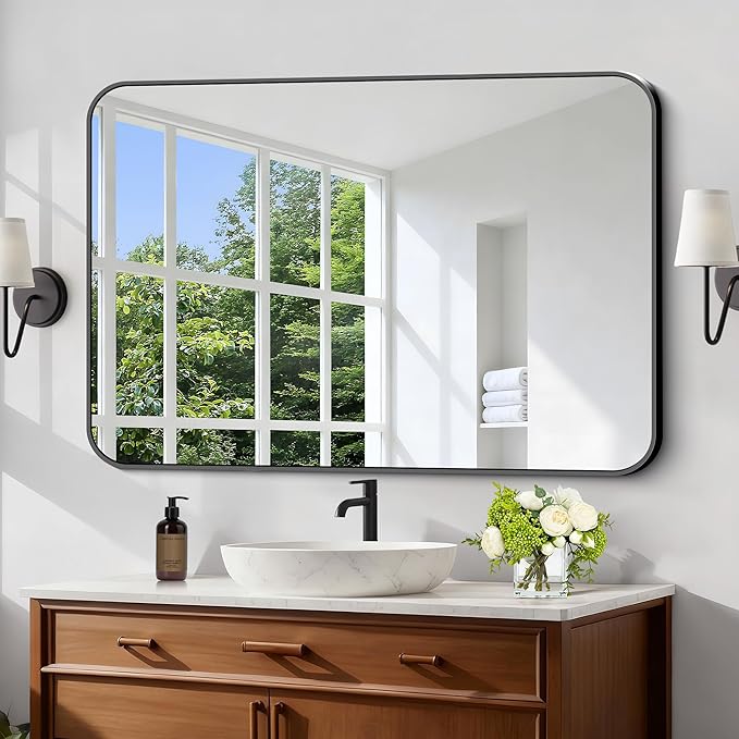 Black Bathroom Mirror, 28x42 inch Aluminum Metal Frame Rectangular Vanity Mirror - Image 2