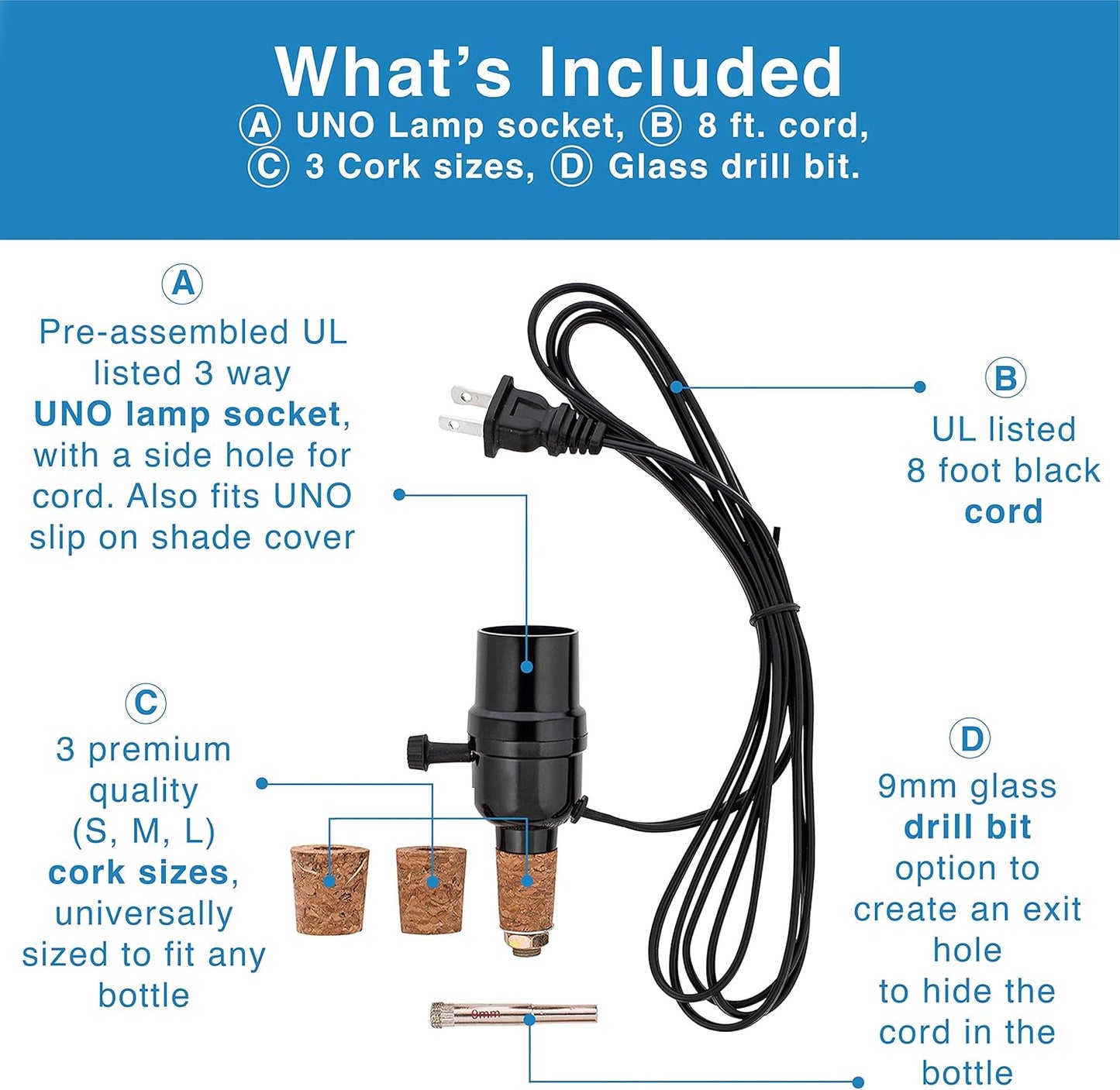 Bottle lamp kit, with 9mm Glass Drill bit, Works with Wine Bottle or Any Other Glass Liquor Bottles, UNO Slip-on Socket 8 ft Black Cord UL Listed lamp Wiring Parts.