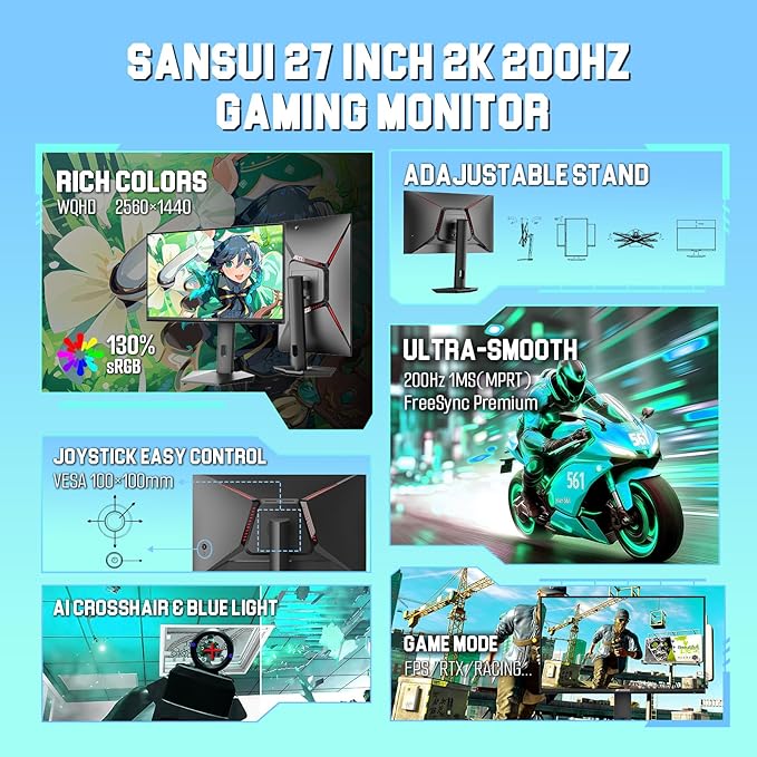 SANSUI Gaming Monitor 27" 1440P 200Hz 180Hz WQHD 2560×1440-AMD FreeSync 1ms - Image 2