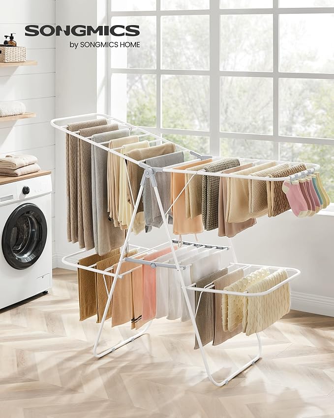 SONGMICS Clothes Drying Rack, Foldable 2-Level Laundry Drying Rack, - Image 2