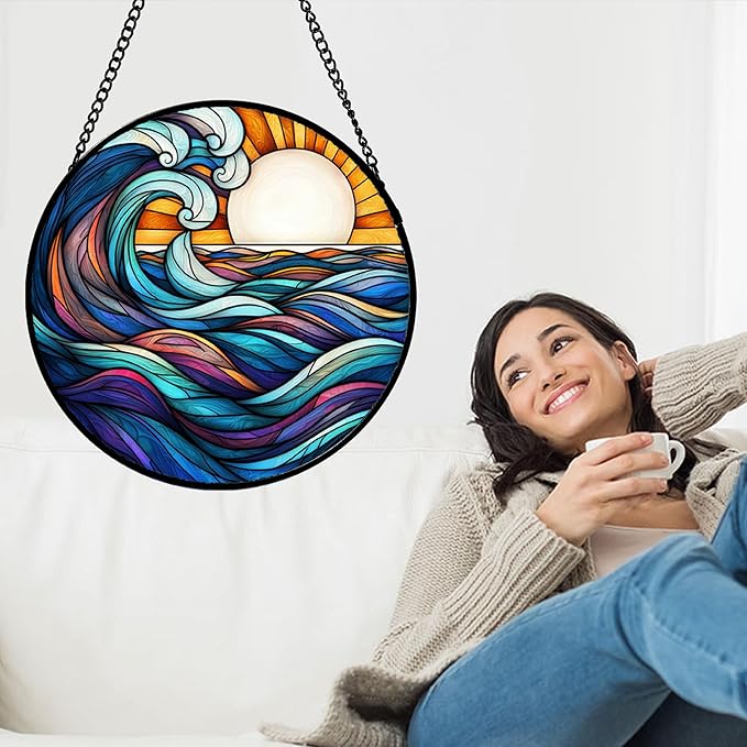 DASTOLL Stained Glass Window Hanging, Big Wave Sun Suncatcher Diamond Glass - Image 2