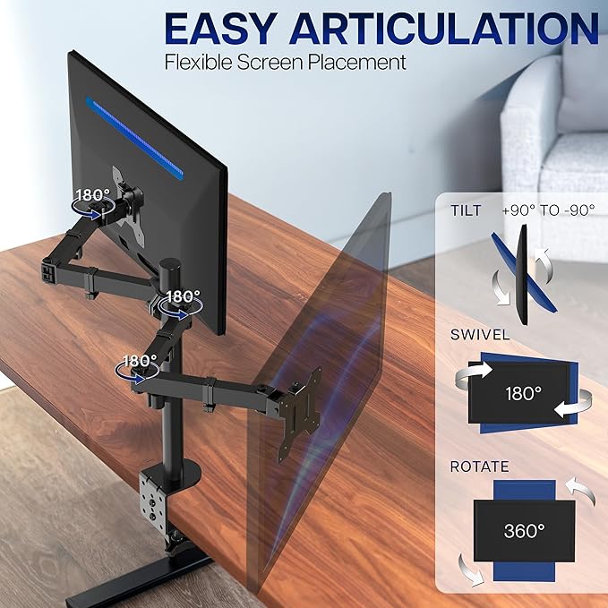 VIVO Dual Monitor Desk Mount, Heavy Duty Fully Adjustable Stand, Fits 2 LCD LED - Image 3
