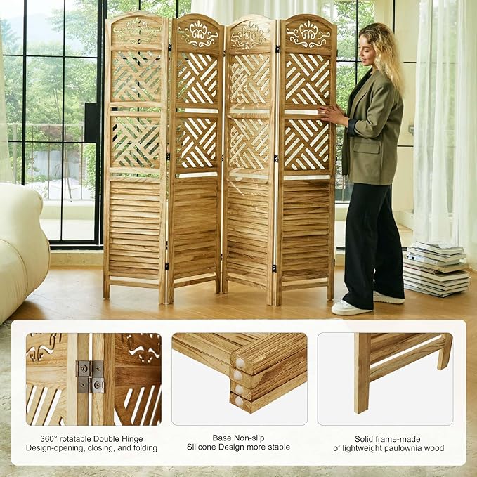 Svimi Room Divider with Shelves, 68.9inch Wood Carved and Louvered Wall Divider - Image 2