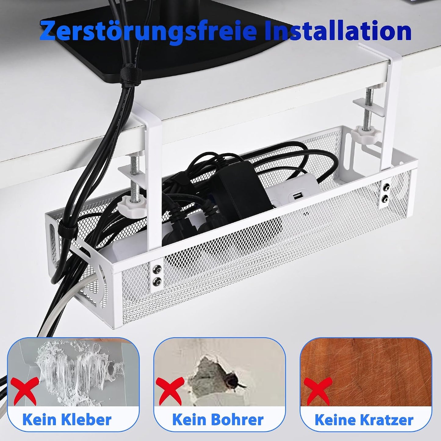 Under Desk Cable Management Tray Small – Clamp-Mounted Wire Organizer & Cord Management Under Desk Holder, No-Drill Metal Cable Tray for Home Office (White)