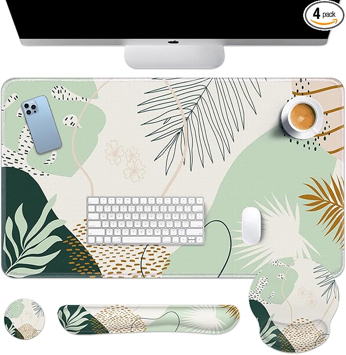 Britimes Green Boho Leaves Keyboard Mouse Pad Set 4in1 Large Mousepad+Keyboard by Britimes