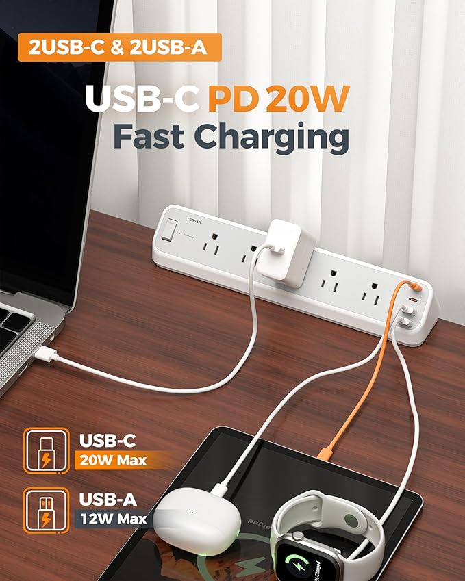 Desk Clamp Power Strip 10 Ft, TESSAN 2100J Surge Protector Desk Charging Station - Image 6