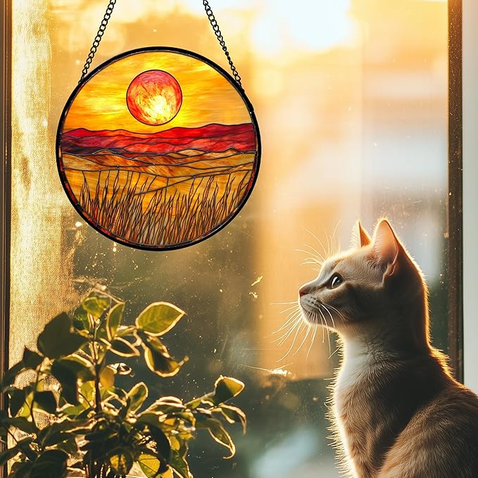 DASTOLL Stained Glass Window Hanging 4 Pcs Set Desert Sunset Theme Landscape - Image 4