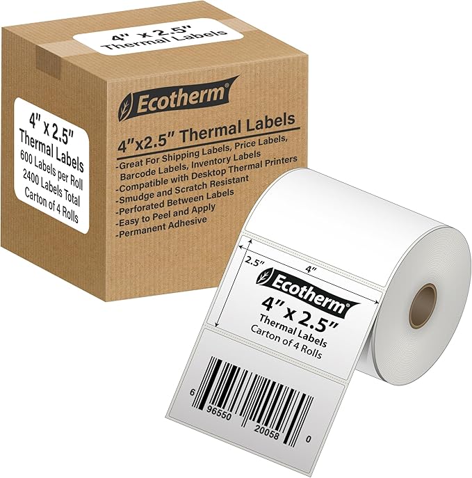 4" x 2.5" Thermal Labels | 4 Rolls | 2400 Labels | fits Zebra, Offnova Thermal by EcothermProducts