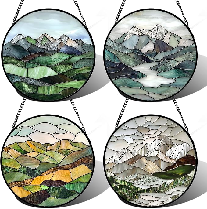 AMDERVEN Stained Glass Window Hanging 4 Pcs Set Mountain River Landscape 9.8" by amderven