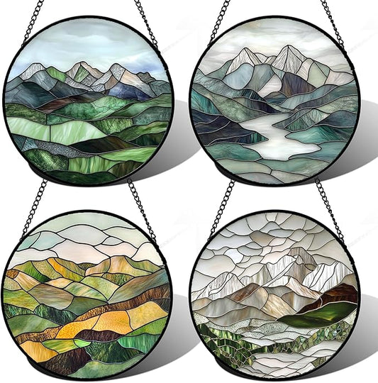 AMDERVEN Stained Glass Window Hanging 4 Pcs Set Mountain River Landscape Large by amderven