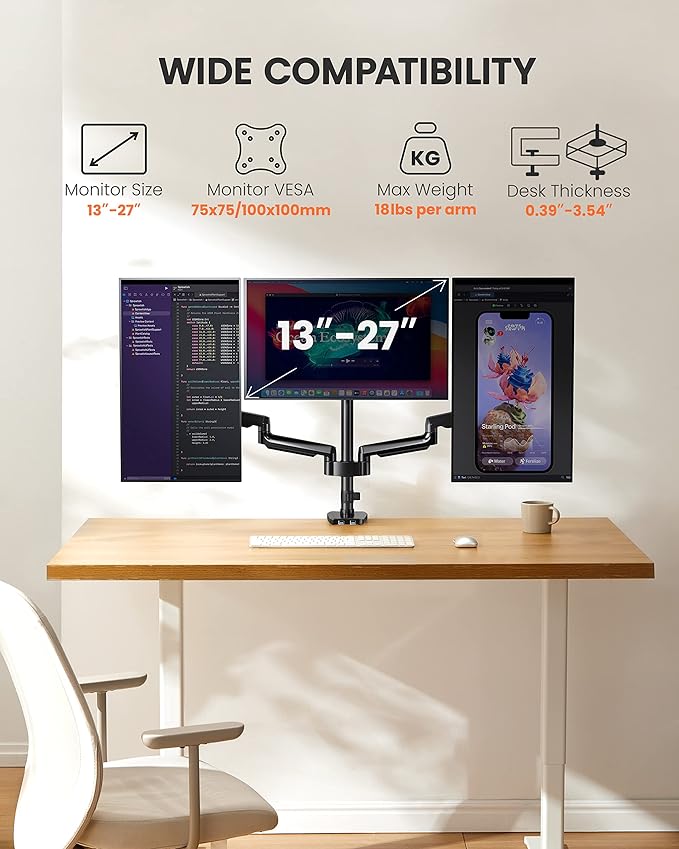 ErGear Triple Monitor Mount for 13-27 inch Screens, Triple Monitor Arms - Image 2