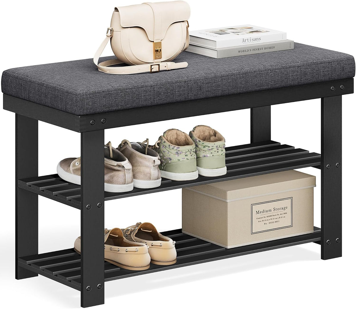 songmics bamboo shoe bench, 3-tier shoe rack, 11.9, main product view