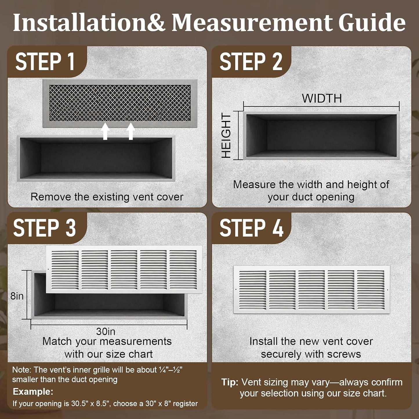 30"W x 8"H Return Air Grille [Duct Opening Size], Steel HVAC Return Air Vent Cover for Wall & Ceiling, White Powder-Coated Rust-Resistant AC Cold Air Return, Outer Dimensions 31.75"W x 9.75"H