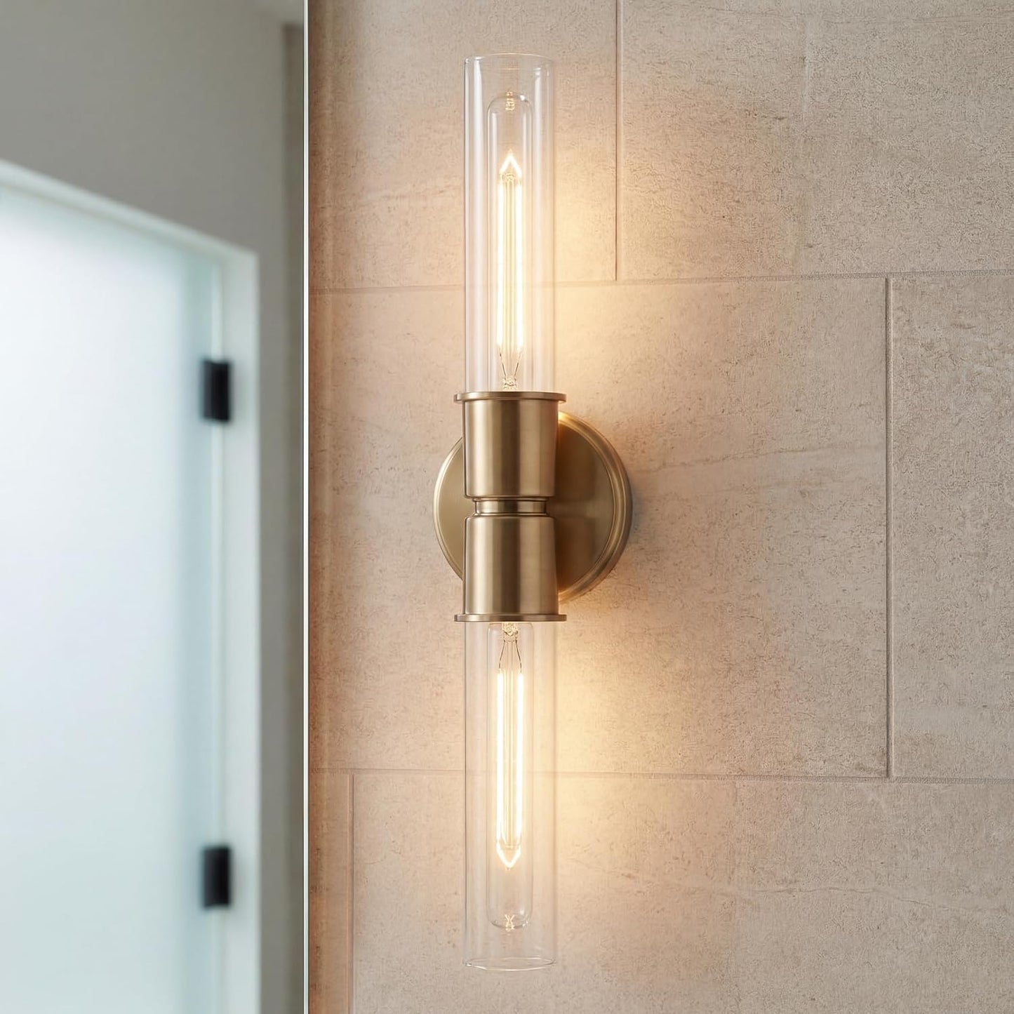 Kichler Aviv 24" 2-Light Wall Sconce Light, Champagne Bronze | Clear glass shades mount up or down and showcase bulb filaments in bedrooms, hallways, kitchens and laundry rooms, 52654CPZ