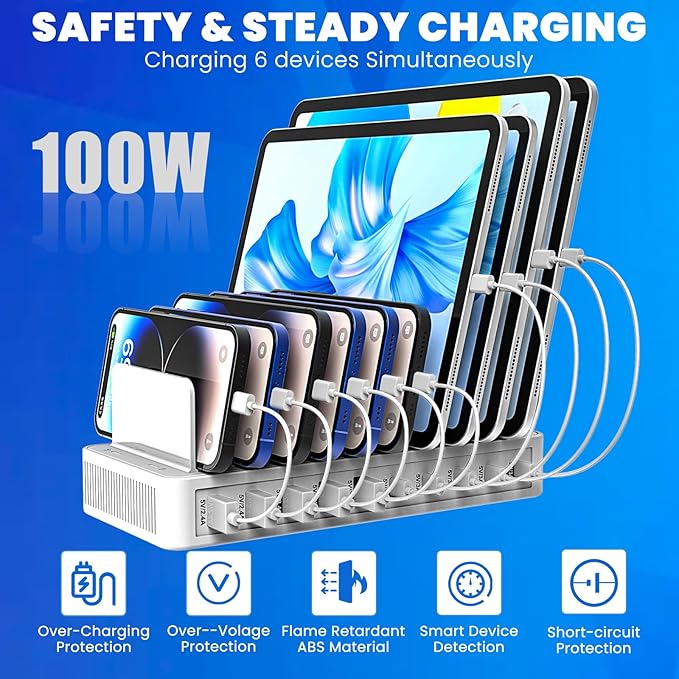 RISWOJOR Charging Station for Multiple Devices, 100W 10 Ports Charging Dock - Image 2