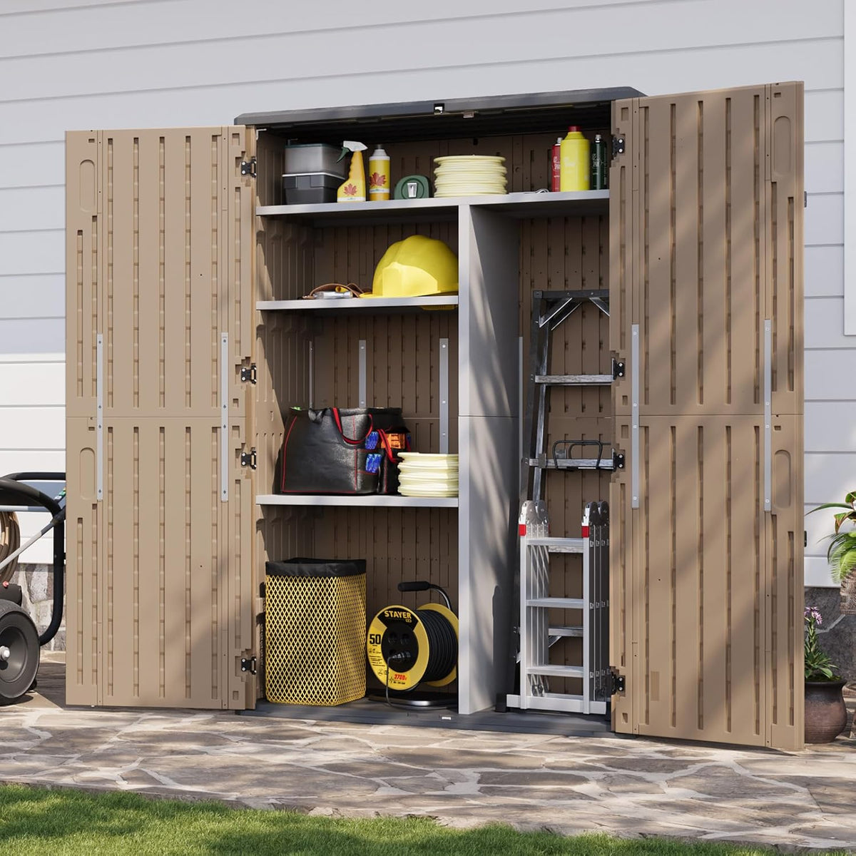aoxun 64 cu.ft waterproof resin outdoor shed with shown in use