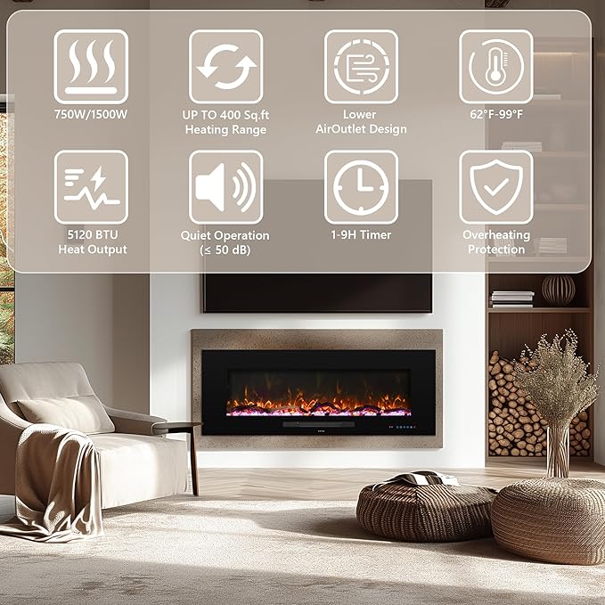 36" Electric Fireplace Inserts, Recessed & Wall Mounted Fireplace Heater - Image 7