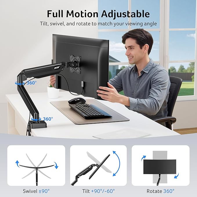 Acer Single Monitor Mount, Fully Adjustable Monitor Arm Fits 17 to 34 Inch - Image 3