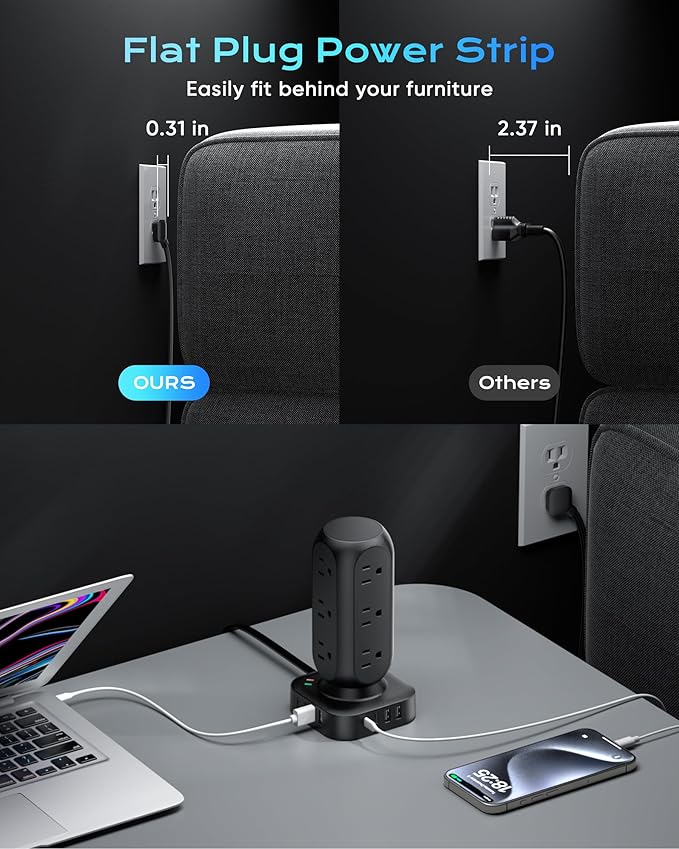 Tower Surge Protector Power Strip, 12 AC Outlets & 8 USB Ports, Flat Plug 5FT - Image 4