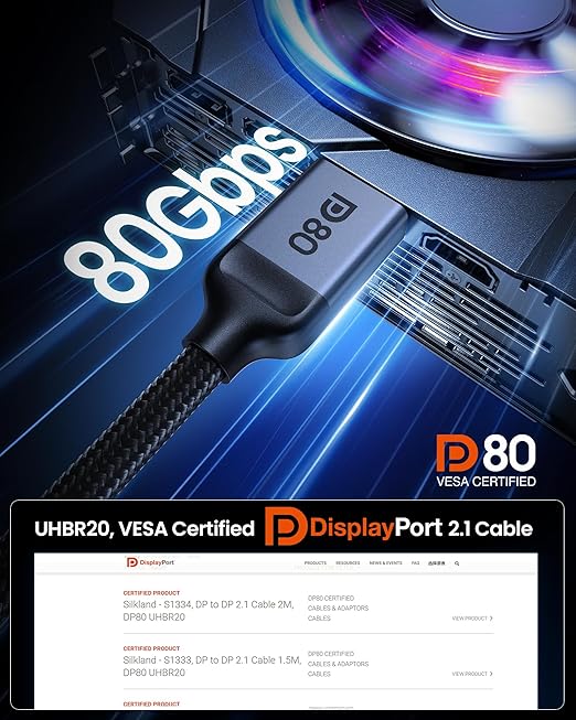 Silkland 80Gbps DisplayPort 2.1 Cable 5FT, DP 2.1 Cable, HDR HDCP DSC 1.2a - Image 2