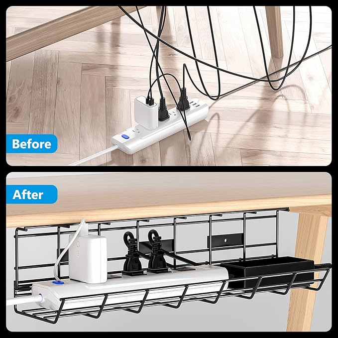 2 Pack DELAMU Under Desk Cable Management Tray, Metal Cord Cable Organizer - Image 7