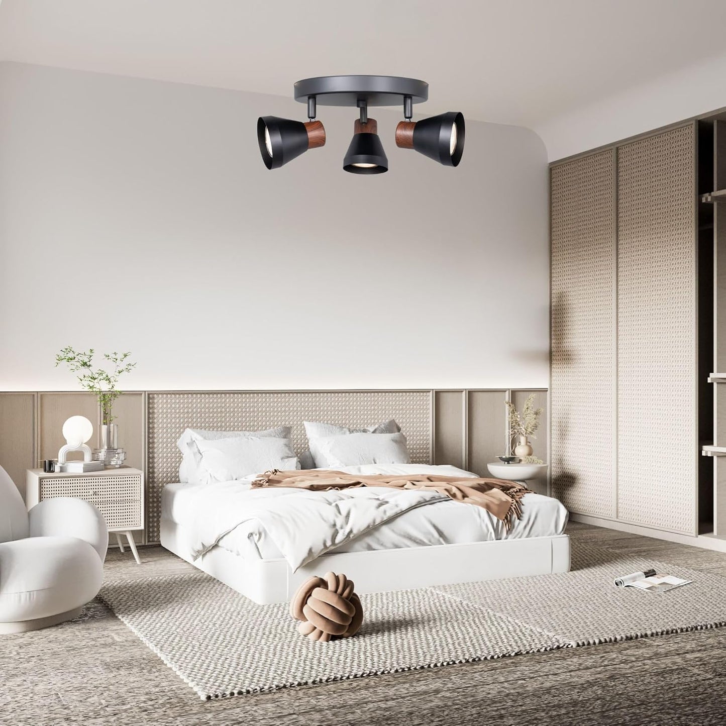 3-Light Modern Track Lighting Kit Black Faux Wood Accent,Adjustable GU10 Flush Mount Ceiling Fixture Pivot Multi-Directional Round Spotlight for Kitchen Bedroom Living Room Home Improvement