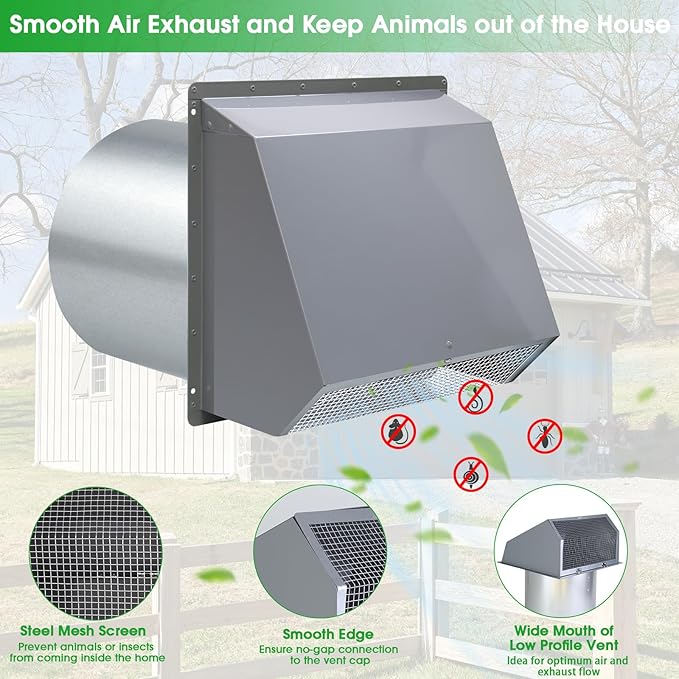 8 Inch Hooded Wall Vent with Screen and Damper, Wall Exhaust Vent Cover Cap - Image 3