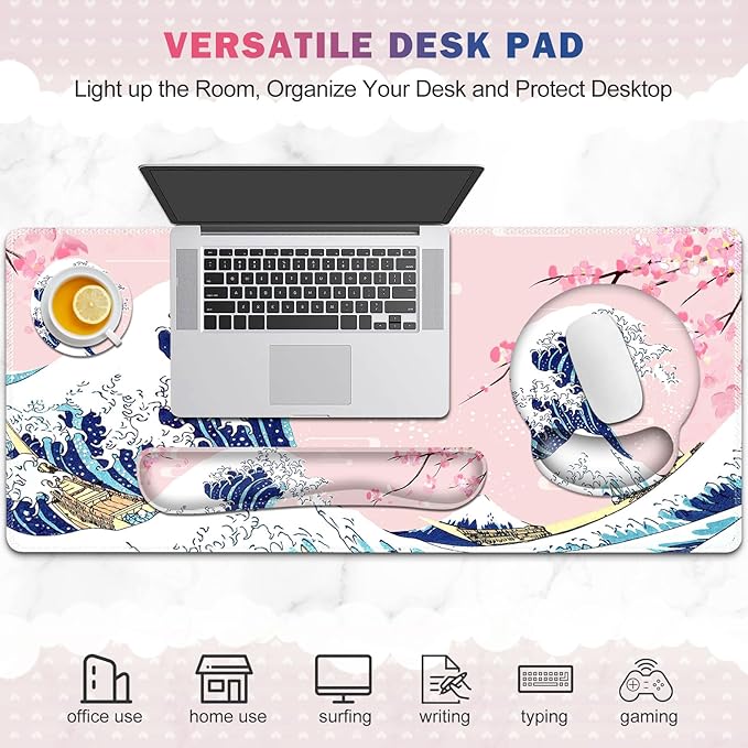 Gaming Mouse Pad, Large Desk Mat, Cute Desk Pad Protector, Japanese Wave of - Image 7