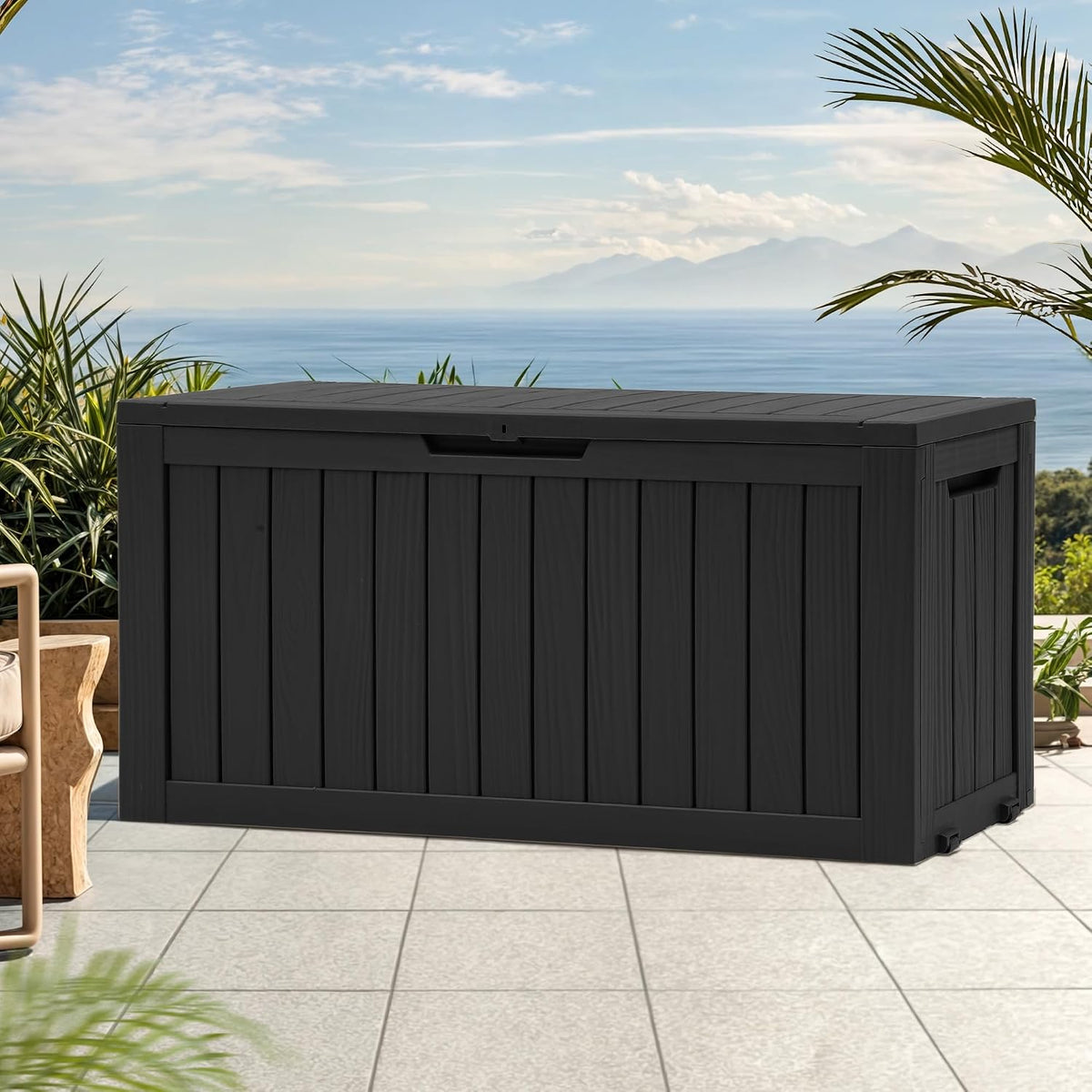 dwvo 270l outdoor resin deck box with wheels shown in use