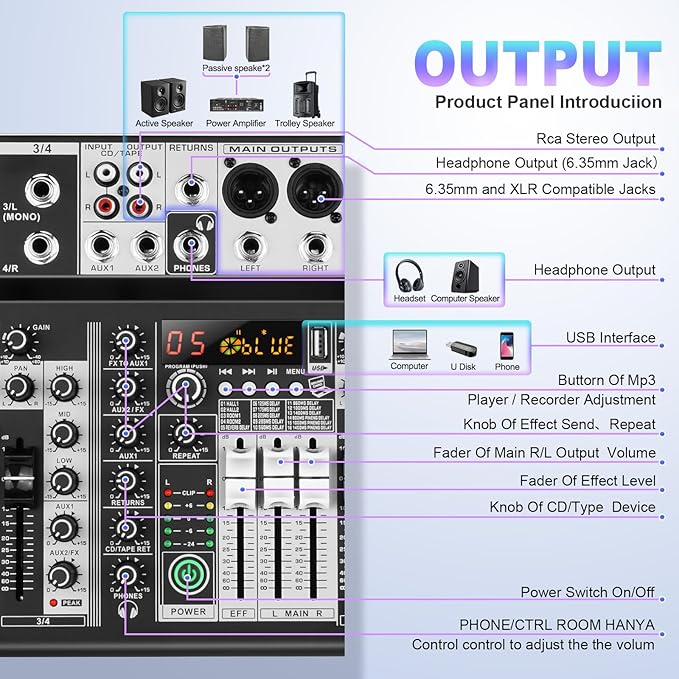 8 Channel Audio Mixer DJ Mixer Sound Board Console 16 Dsp USB Audio Interface - Image 3