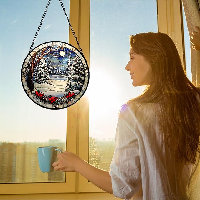DASTOLL Stained Glass Window Hanging Christmas Tree Winter Snow Night Scenery - Image 3