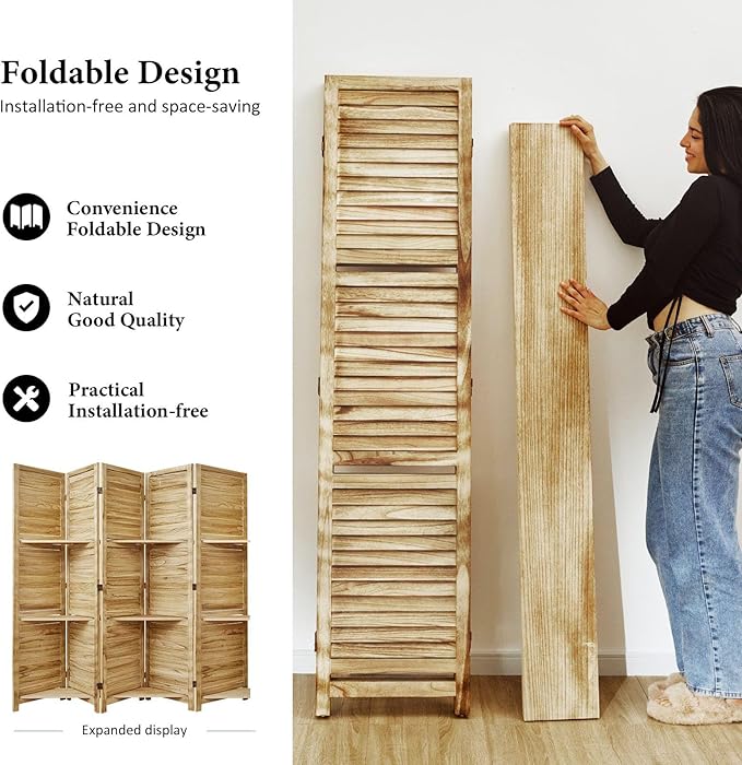 Partition Room Dividers, Folding Wood Privacy Screen - Image 3