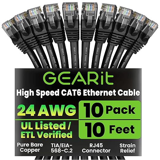 GEARit Cat 6 Ethernet Cable Pack – 10-Pack 10 ft Cat6 Ethernet Patch Cables | by GEARit