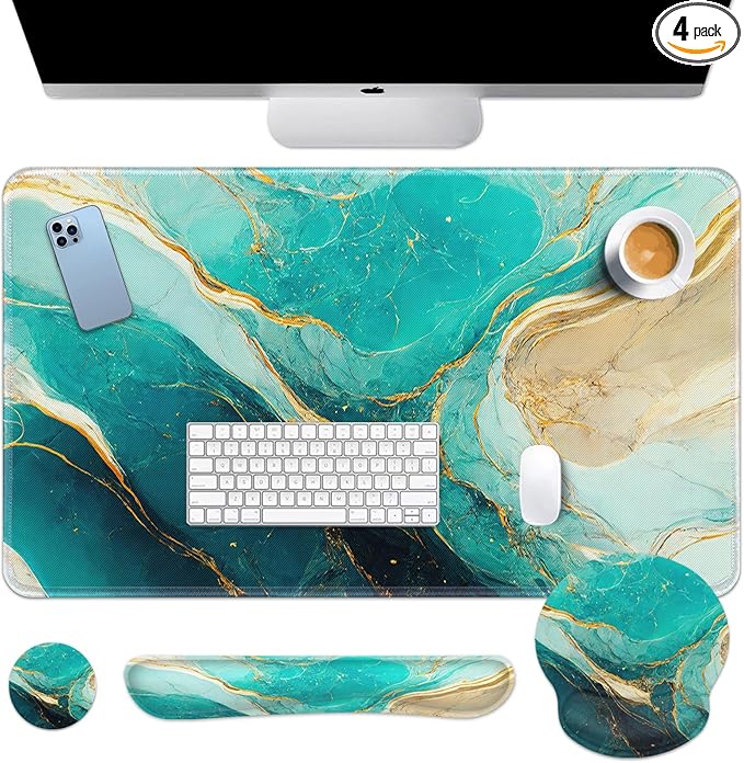 Britimes Green and Gold Marble Keyboard Mouse Pad Set 4in1 Large by Britimes