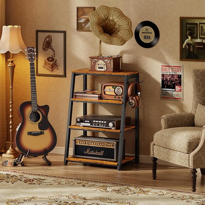 4-Tier AV Media Stand with 2 Hooks, Heavy Duty Stereo Cabinet Furniture-Large - Image 2