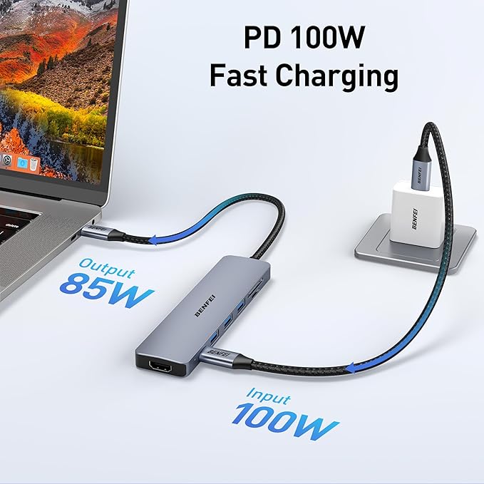 BENFEI USB C HUB 7-in-1 with HDMI, 100W Power Delivery, 3*USB 3.0, SD/TF Card - Image 6
