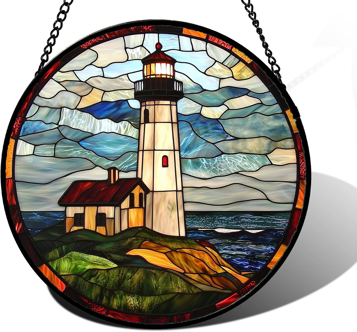 DASTOLL Stained Glass Window Hanging, Ocean Lighthouse Sun Catchers Glass Panel