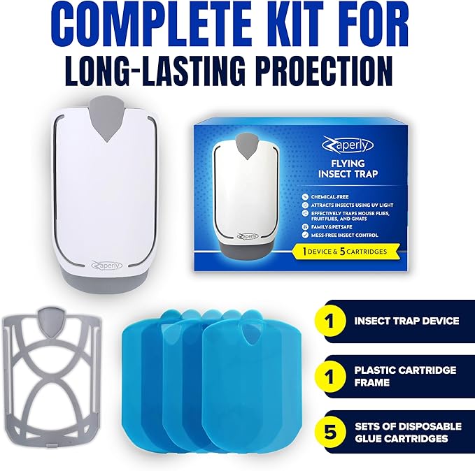 Zaperly 1 Fruit Fly Trap & 5 Adhesive Cartridges, Indoor Plug-in Bug Catcher - Image 2